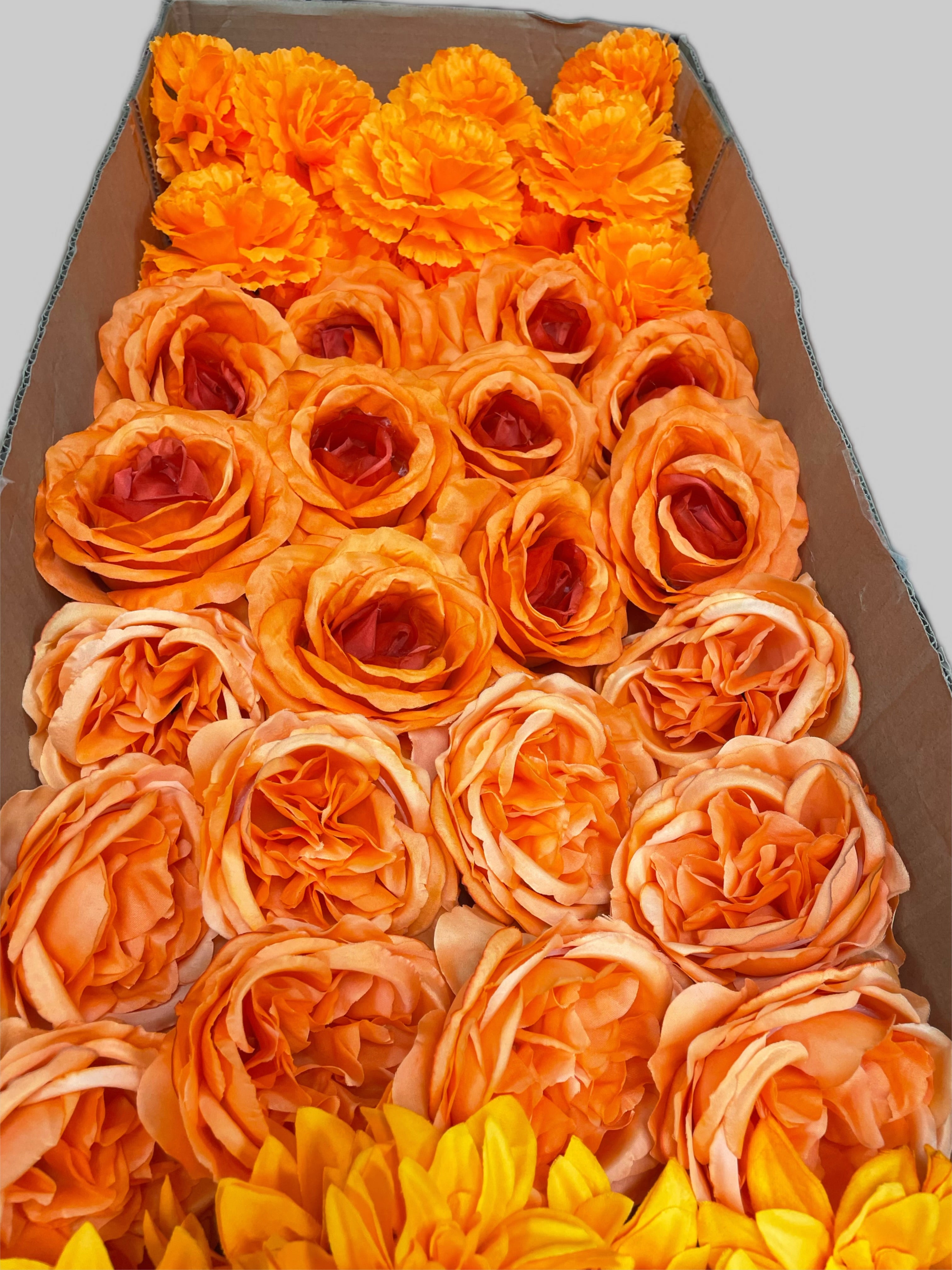 60/70 PCS All Orange Assorted Artificial Flower Heads A - Peonies, Rose, Dahlia, Carnation
