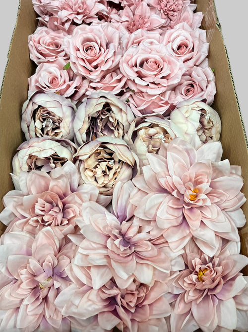 50/60 PCS All Dusty Blush Pink & Dusty Mauve Assorted Artificial Flower Heads (AD1), Peonies, Roses & Dahlias