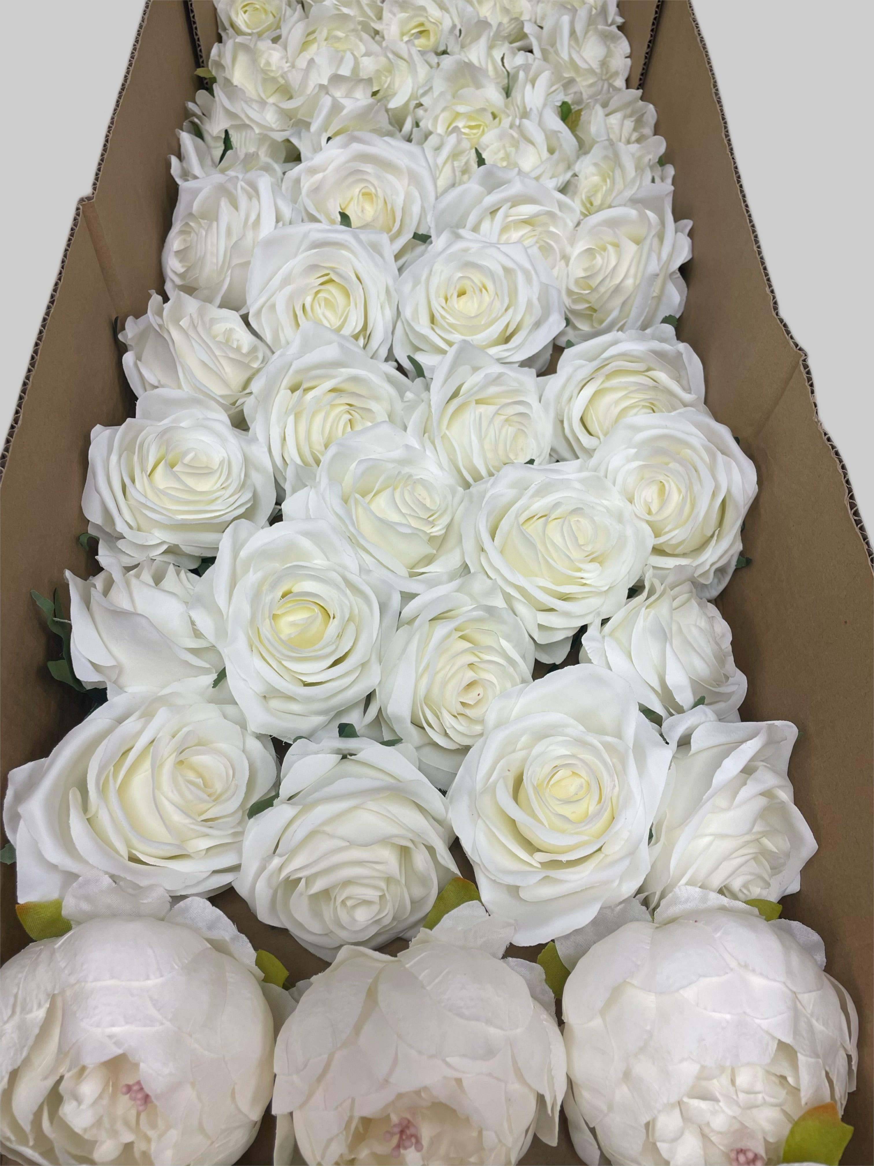 50 PCS All White Assorted Artificial Flower Heads A – Roses, Peonies