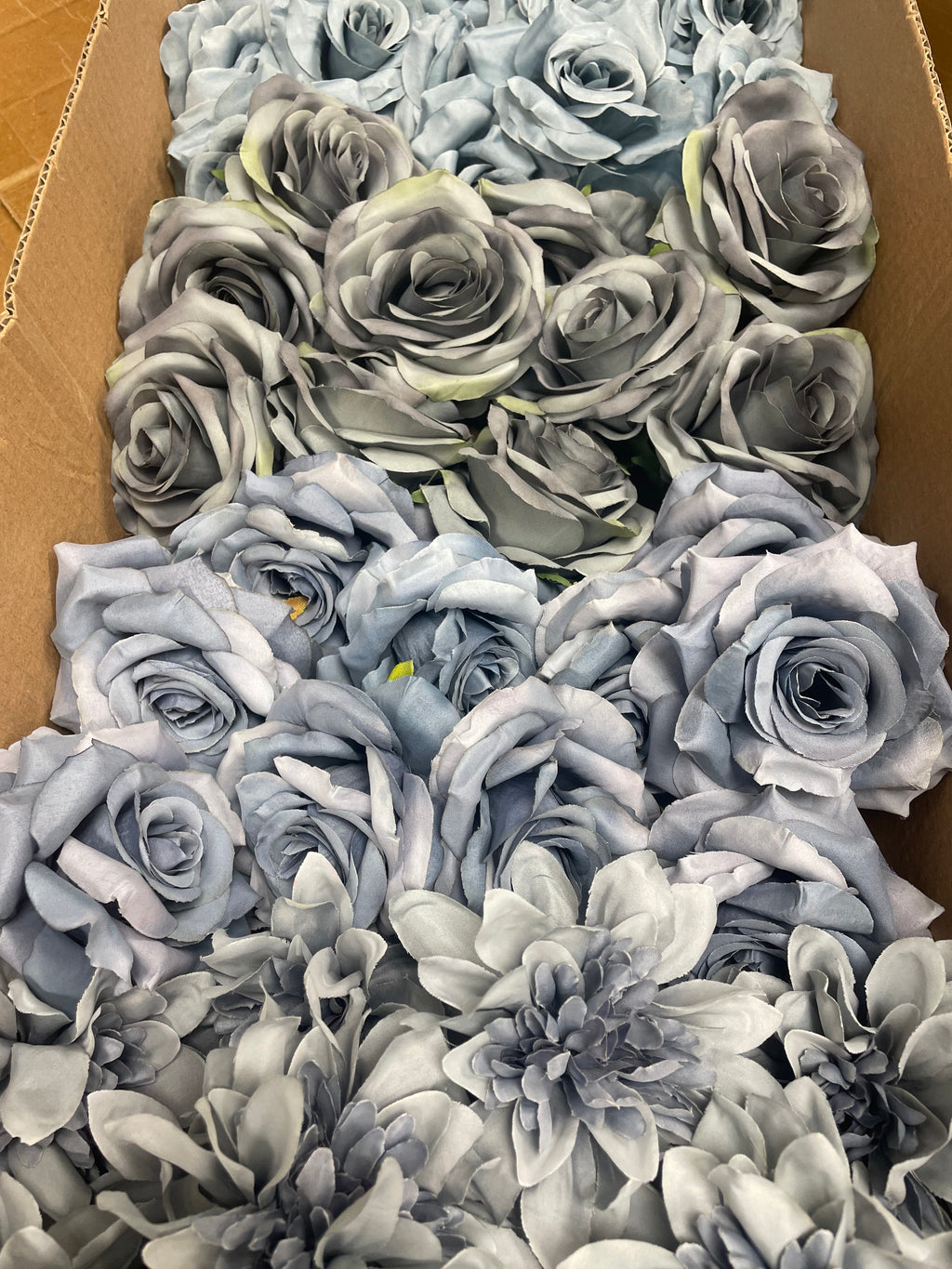 60 PCS All Dusty Blue Assorted Artificial Flower Heads B – Roses, Dahlia