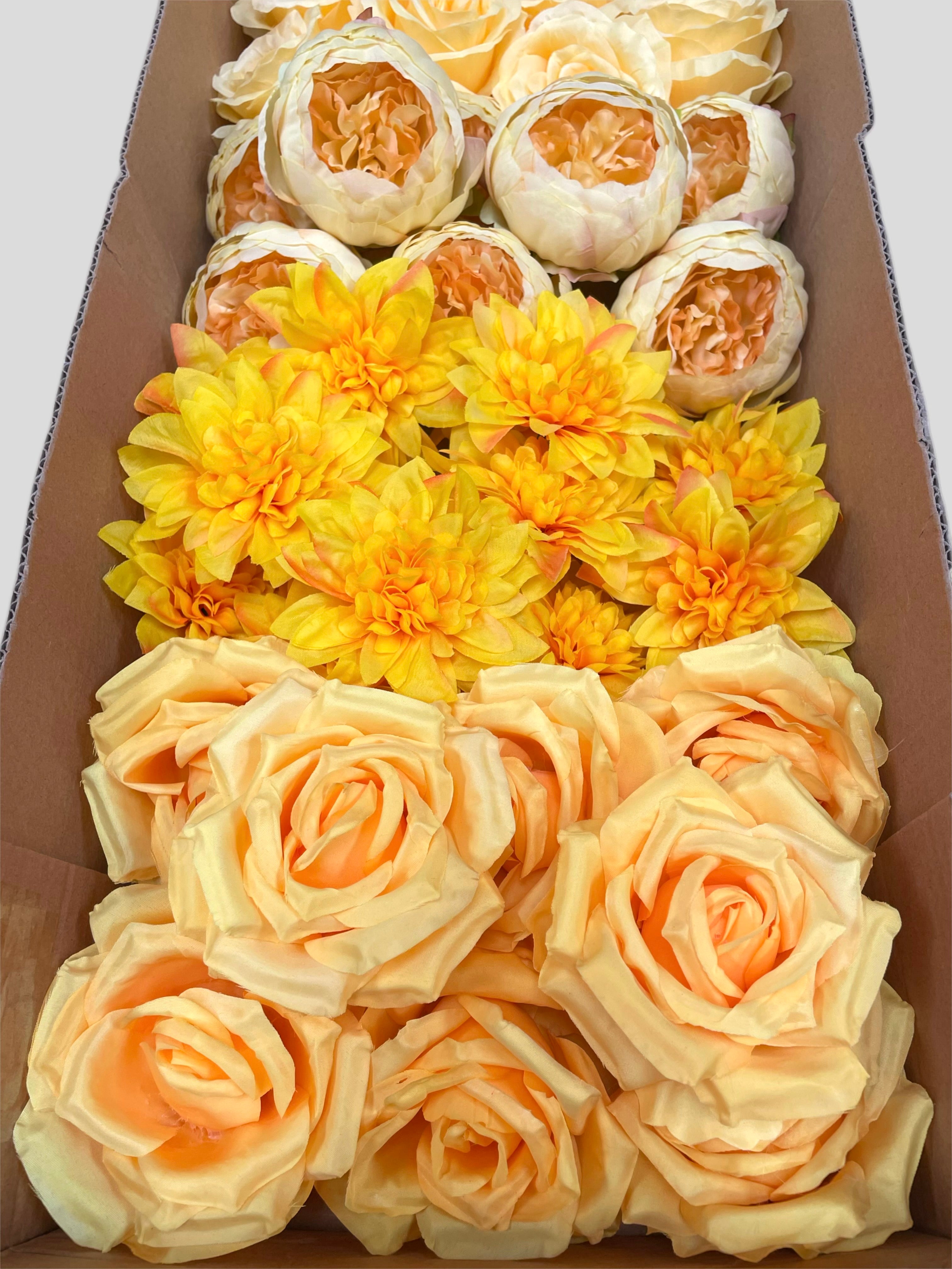 60 PCS All Yellow Assorted Artificial Flower Heads A – Roses, Peonies, Dahlias, Ping Pong Mums & Carnations