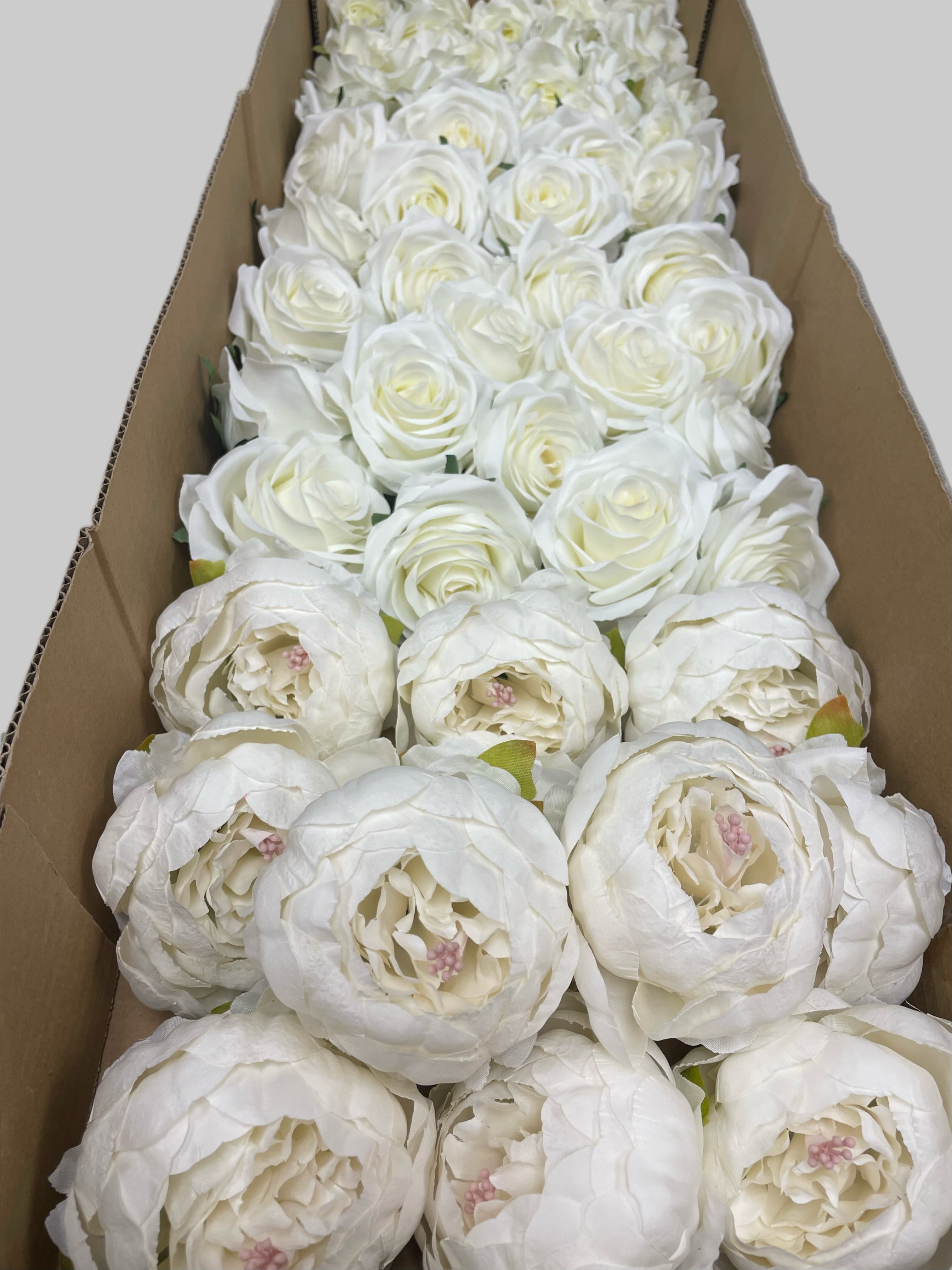 50 PCS All White Assorted Artificial Flower Heads A – Roses, Peonies