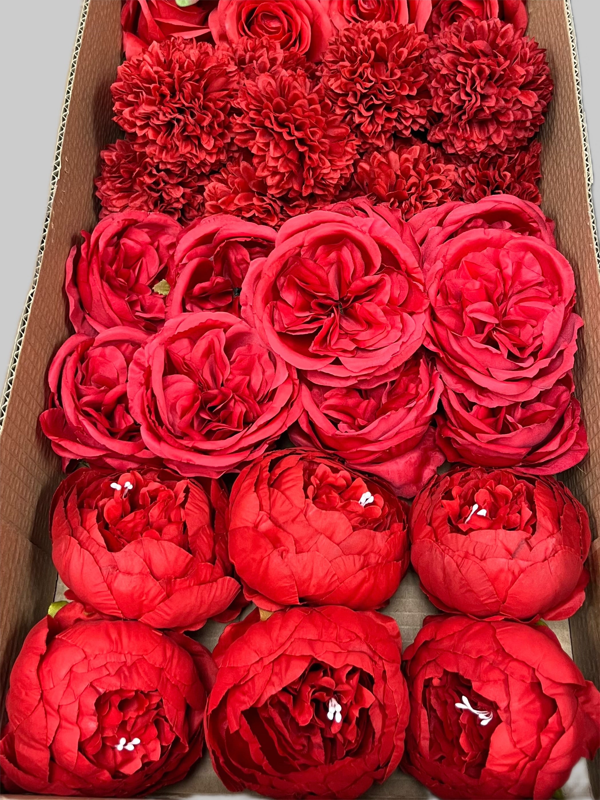 60 PCS All Red Assorted Artificial Flower Heads (AR1), Peonies, Rose, Ping Pong Mums, Ranunculus