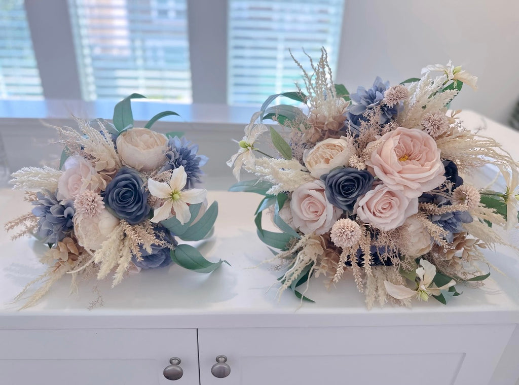 Dusty Blue & Champagne Bouquet, Beige Boho Wedding Bouquet, Silk Flowers, Spring, Summer Bridal Arrangement