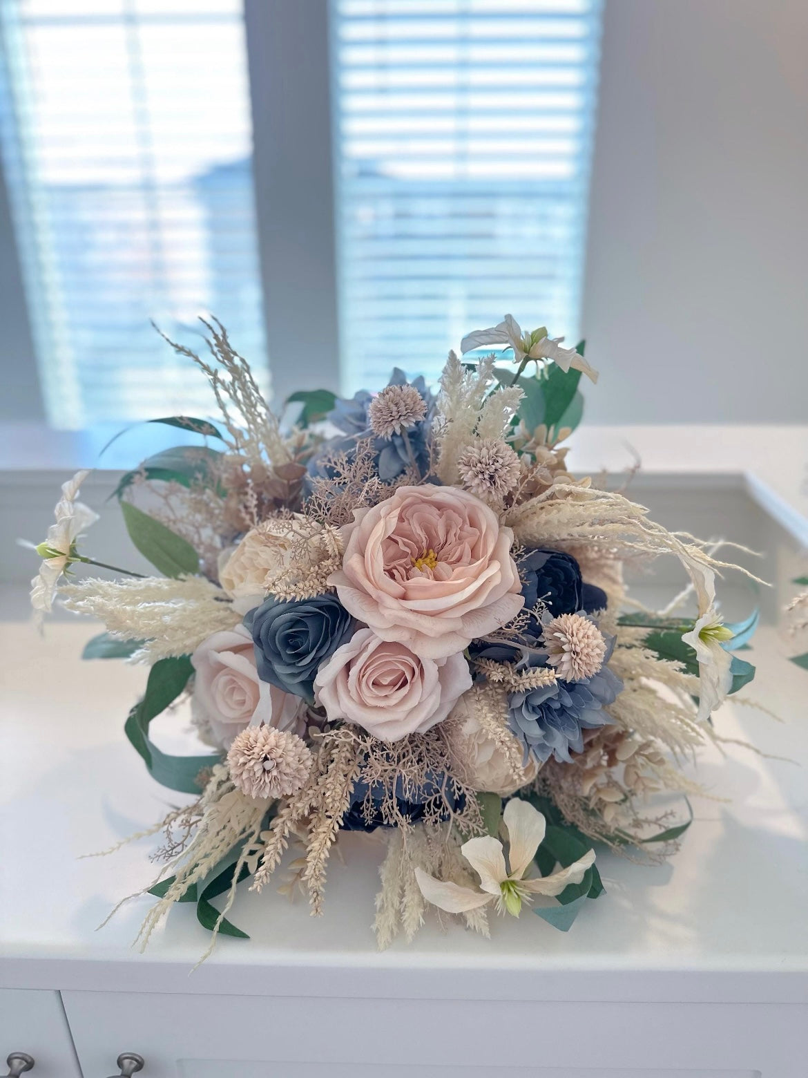 Dusty Blue & Champagne Bouquet, Beige Boho Wedding Bouquet, Silk Flowers, Spring, Summer Bridal Arrangement