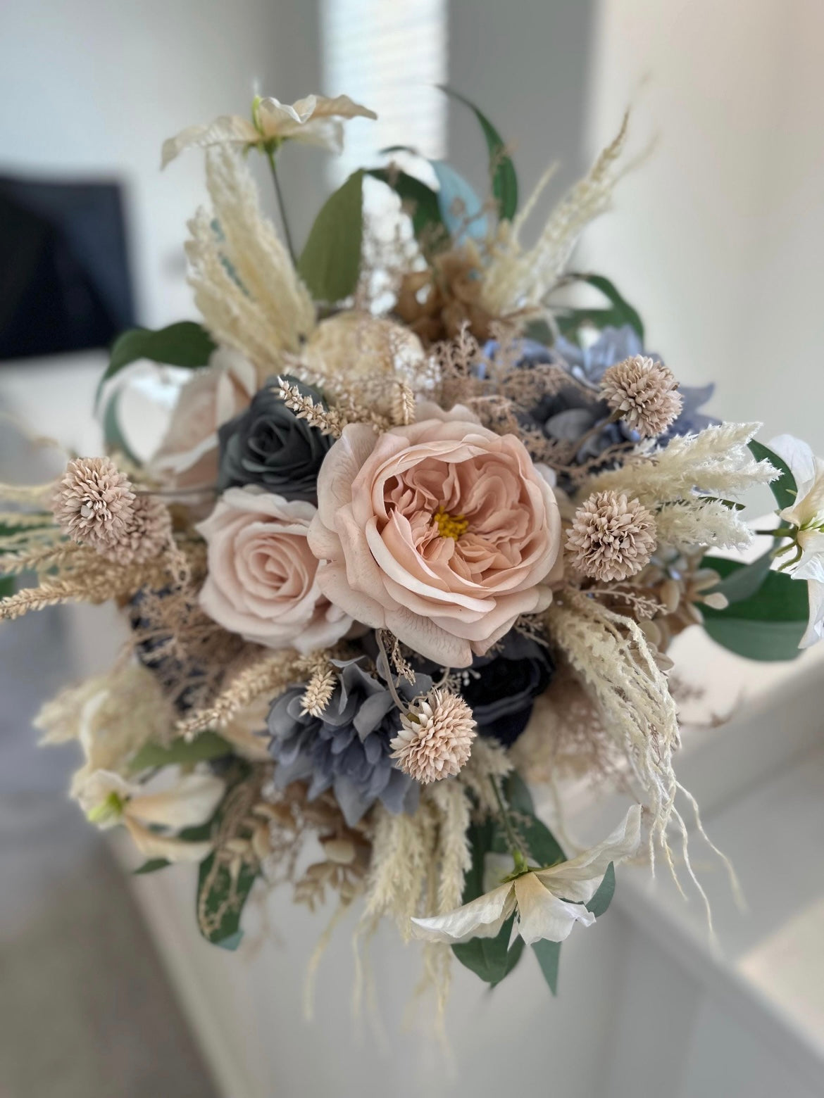 Dusty Blue & Champagne Bouquet, Beige Boho Wedding Bouquet, Silk Flowers, Spring, Summer Bridal Arrangement