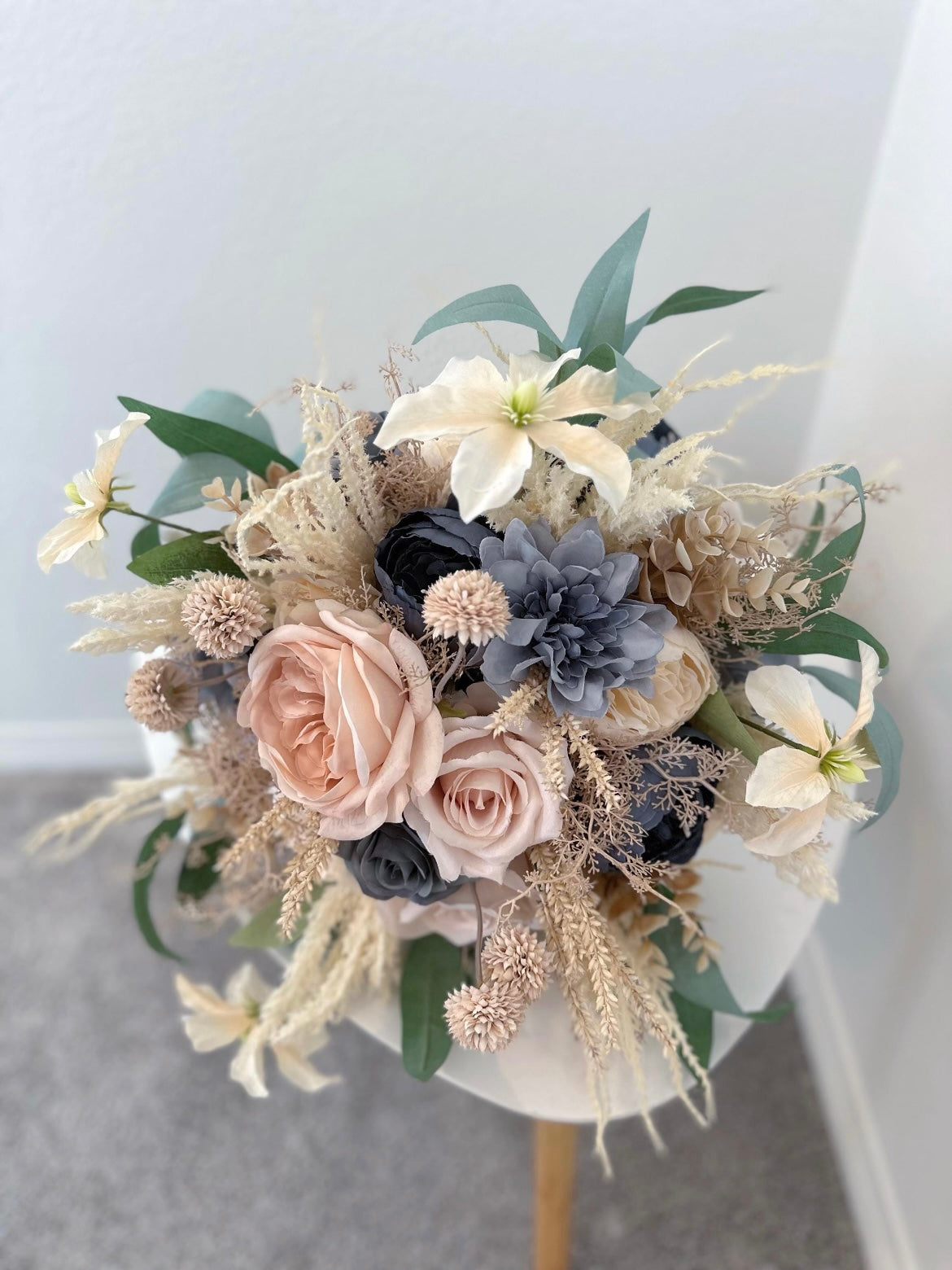 Dusty Blue & Champagne Bouquet, Beige Boho Wedding Bouquet, Silk Flowers, Spring, Summer Bridal Arrangement