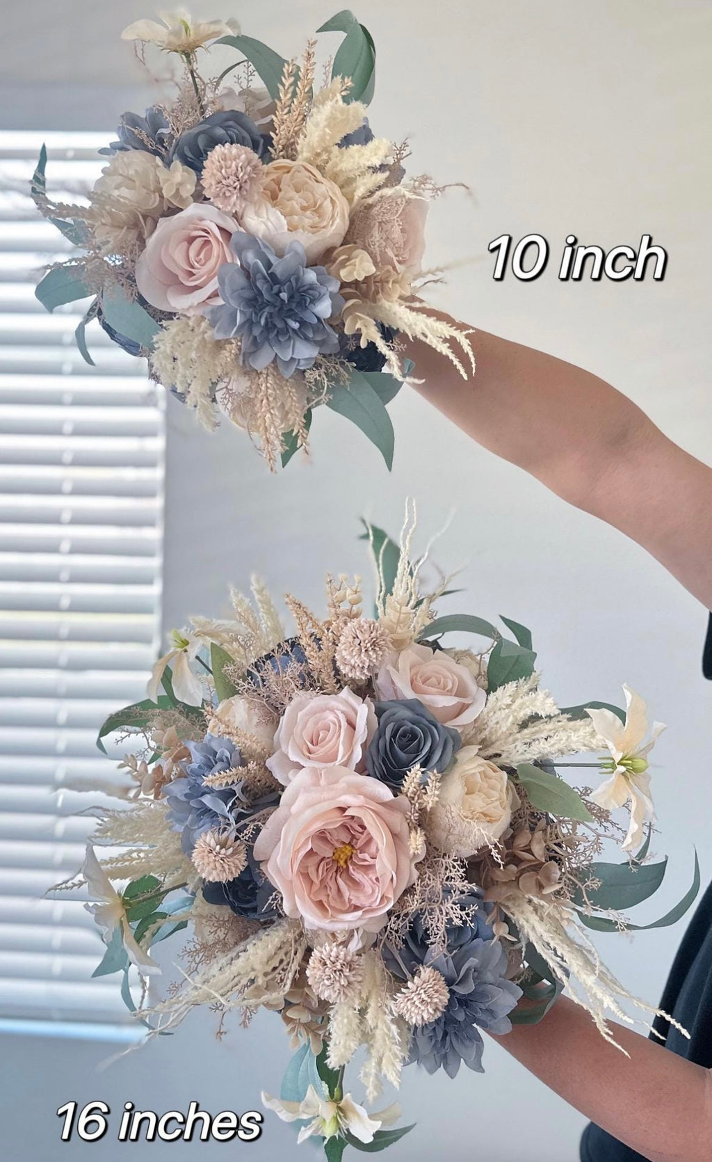 Dusty Blue & Champagne Bouquet, Beige Boho Wedding Bouquet, Silk Flowers, Spring, Summer Bridal Arrangement