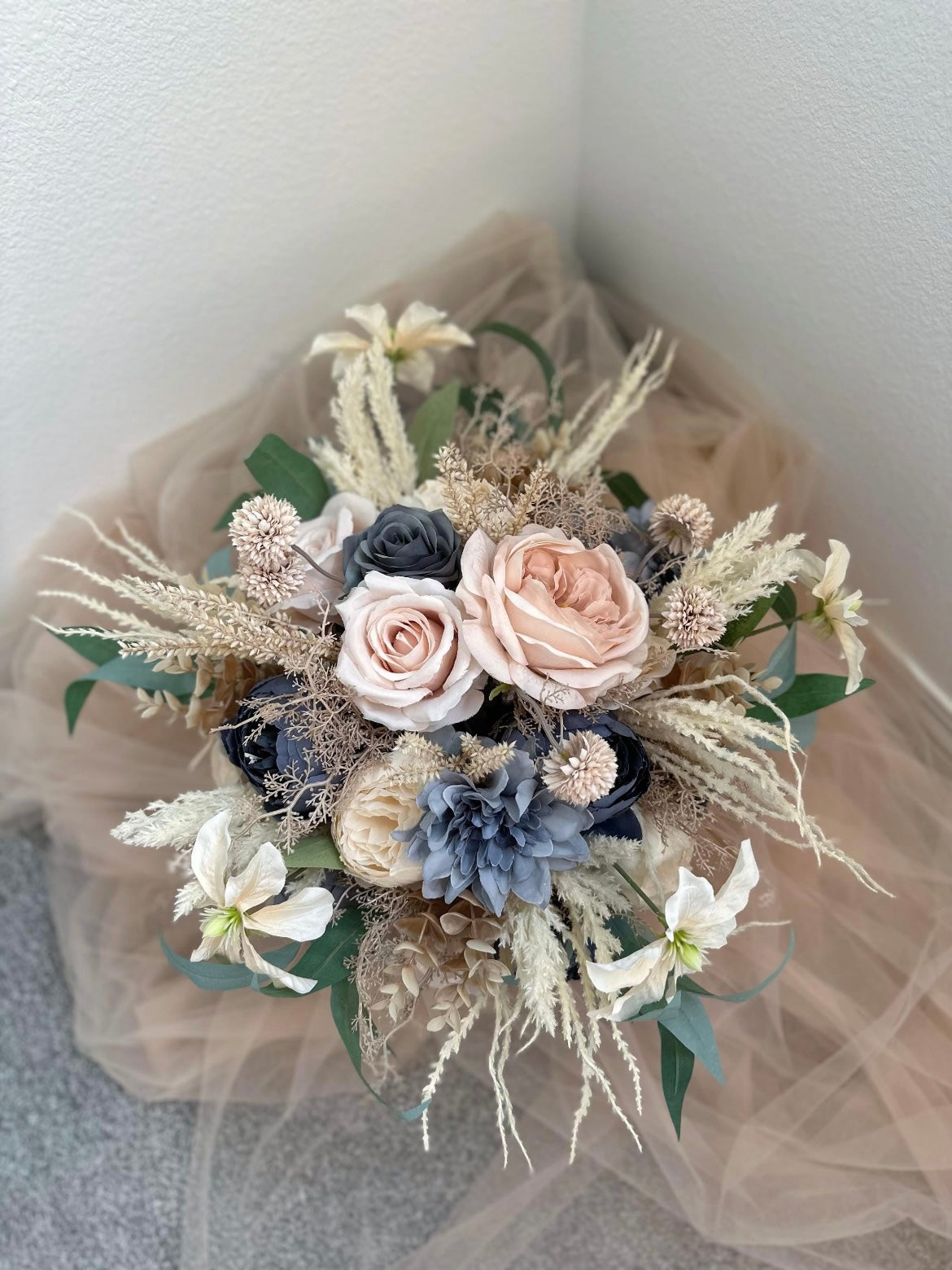 Dusty Blue & Champagne Bouquet, Beige Boho Wedding Bouquet, Silk Flowers, Spring, Summer Bridal Arrangement