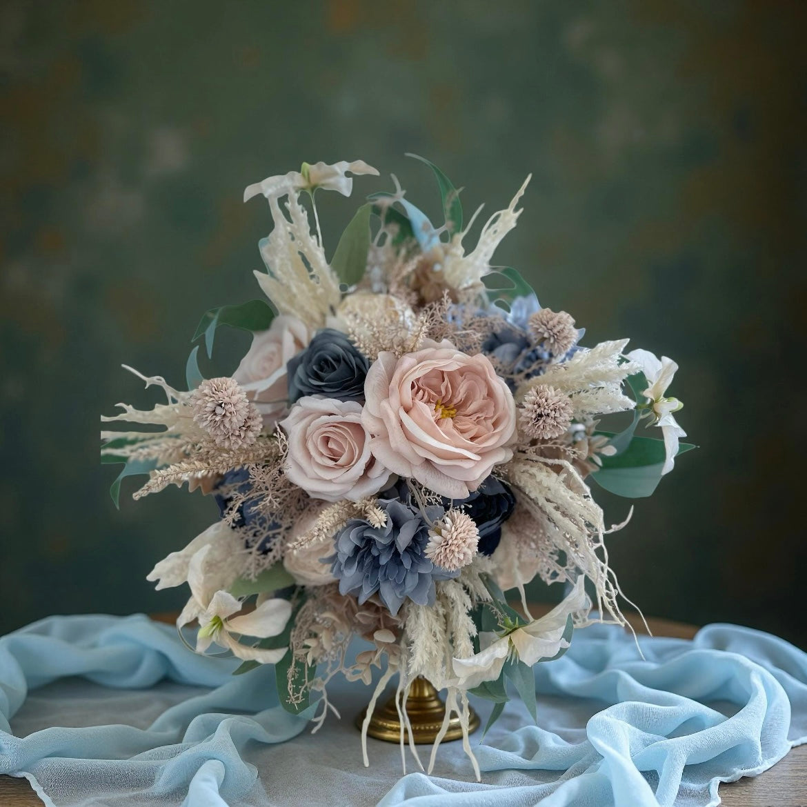 Dusty Blue & Champagne Bouquet, Beige Boho Wedding Bouquet, Silk Flowers, Spring, Summer Bridal Arrangement