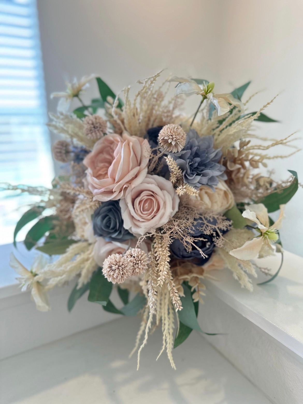 Dusty Blue & Champagne Bouquet, Beige Boho Wedding Bouquet, Silk Flowers, Spring, Summer Bridal Arrangement