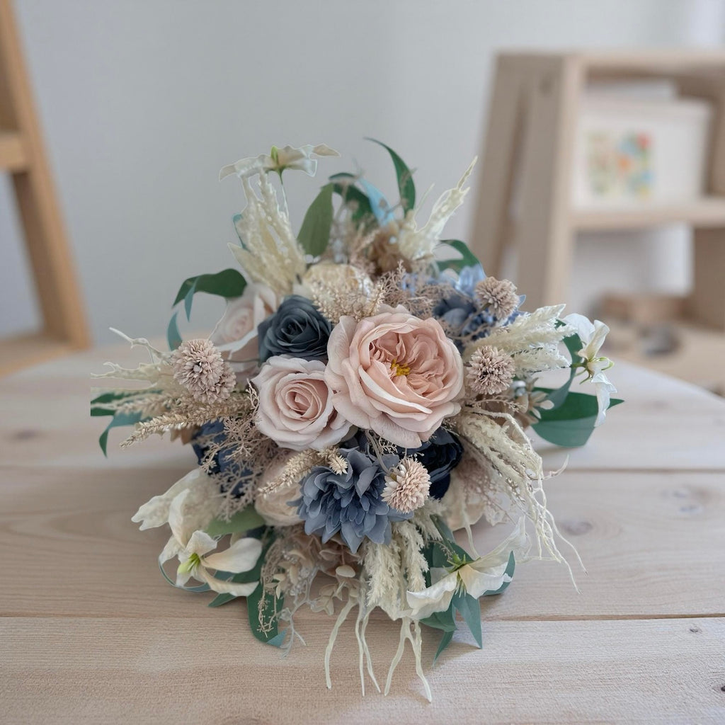 Dusty Blue & Champagne Bouquet, Beige Boho Wedding Bouquet, Silk Flowers, Spring, Summer Bridal Arrangement