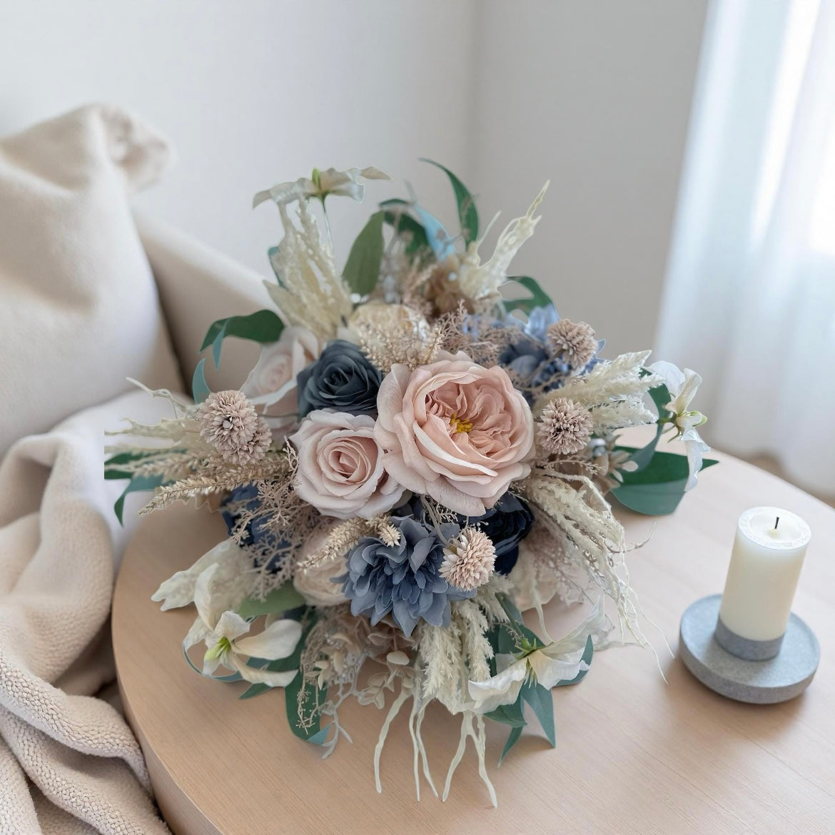 Dusty Blue & Champagne Bouquet, Beige Boho Wedding Bouquet, Silk Flowers, Spring, Summer Bridal Arrangement