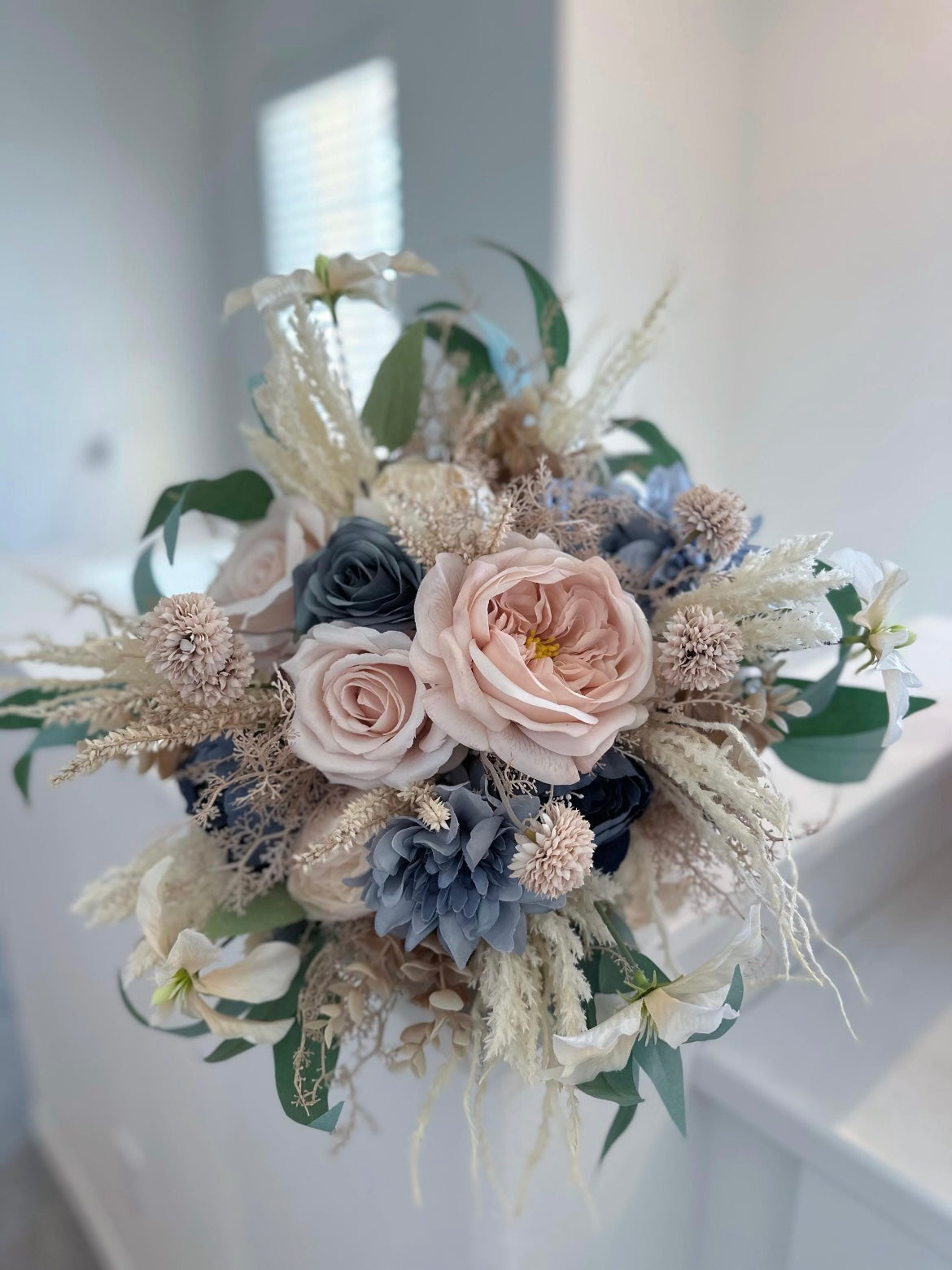 Dusty Blue & Champagne Bouquet, Beige Boho Wedding Bouquet, Silk Flowers, Spring, Summer Bridal Arrangement