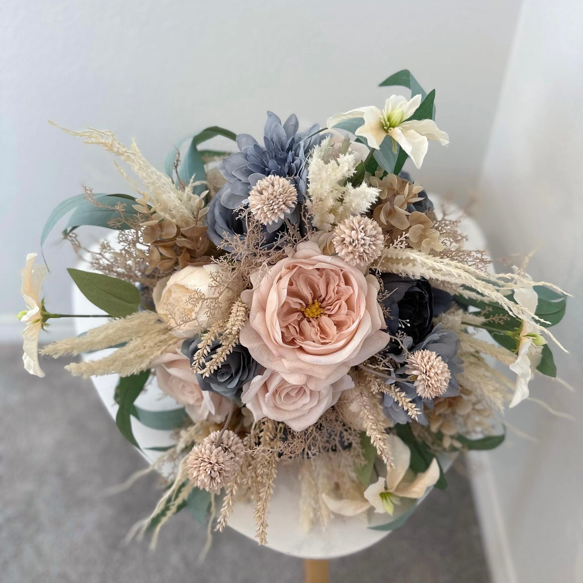 Dusty Blue & Champagne Bouquet, Beige Boho Wedding Bouquet, Silk Flowers, Spring, Summer Bridal Arrangement