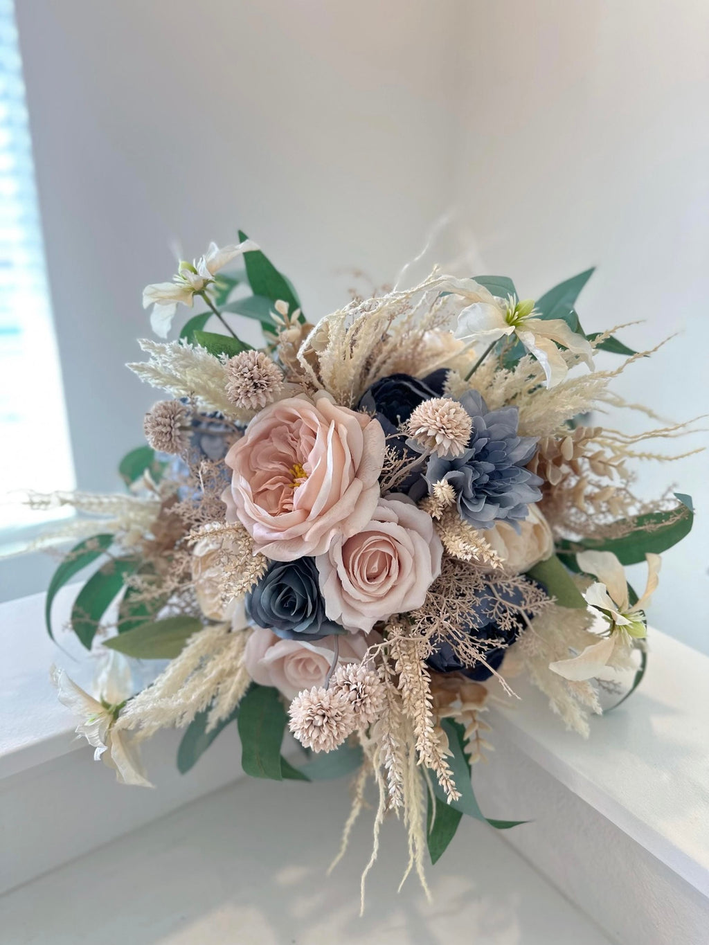Dusty Blue & Champagne Bouquet, Beige Boho Wedding Bouquet, Silk Flowers, Spring, Summer Bridal Arrangement