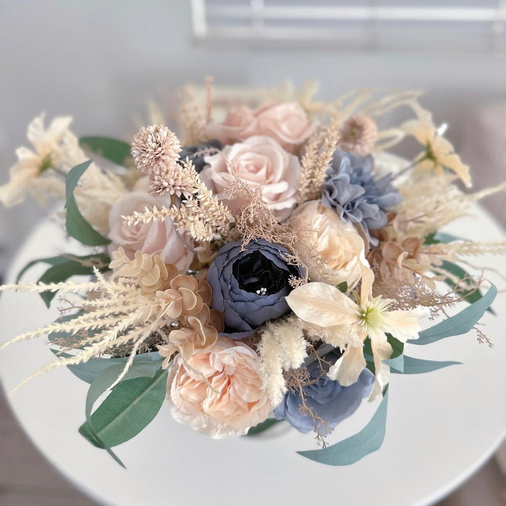 Dusty Blue & Champagne Bouquet, Beige Boho Wedding Bouquet, Silk Flowers, Spring, Summer Bridal Arrangement