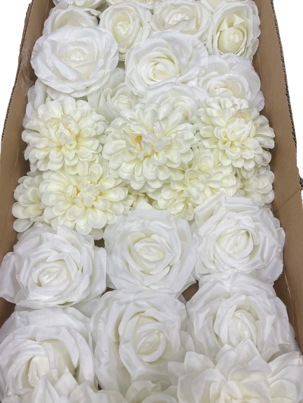 50/60 PCS All White Assorted Artificial Flower Heads (AW3), Roses & Ranunculus