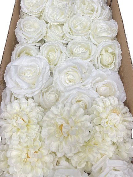 50/60 PCS All White Assorted Artificial Flower Heads (AW3), Roses & Ranunculus