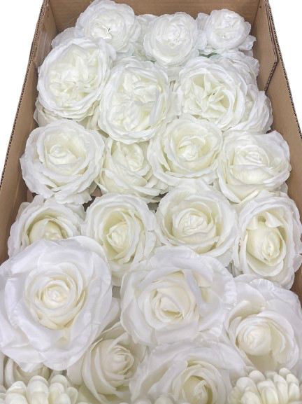 50/60 PCS All White Assorted Artificial Flower Heads (AW3), Roses & Ranunculus
