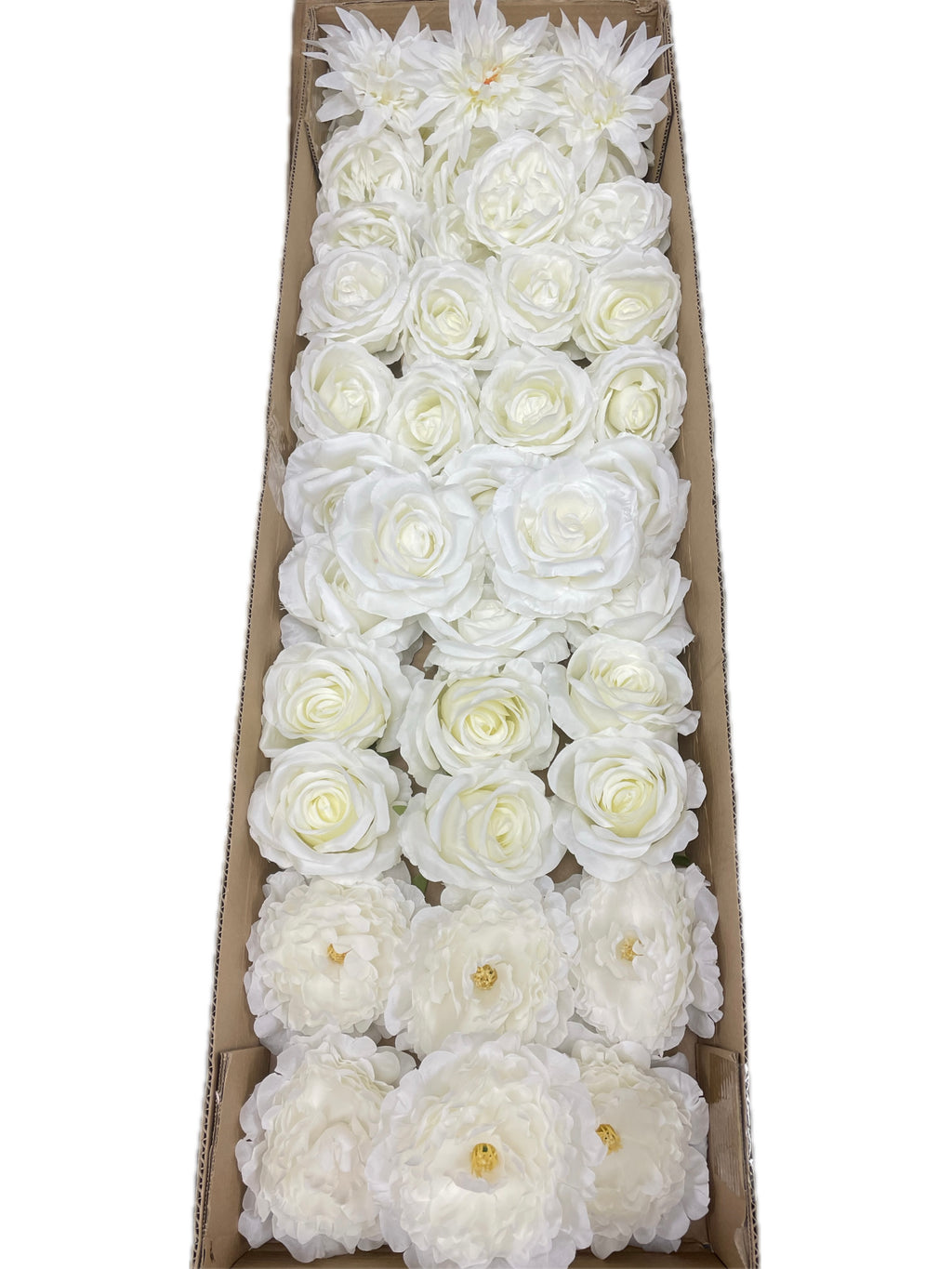 50/60 PCS All White Assorted Artificial Flower Heads (AW4), Peonies, Roses & Flame Chrysanthemums