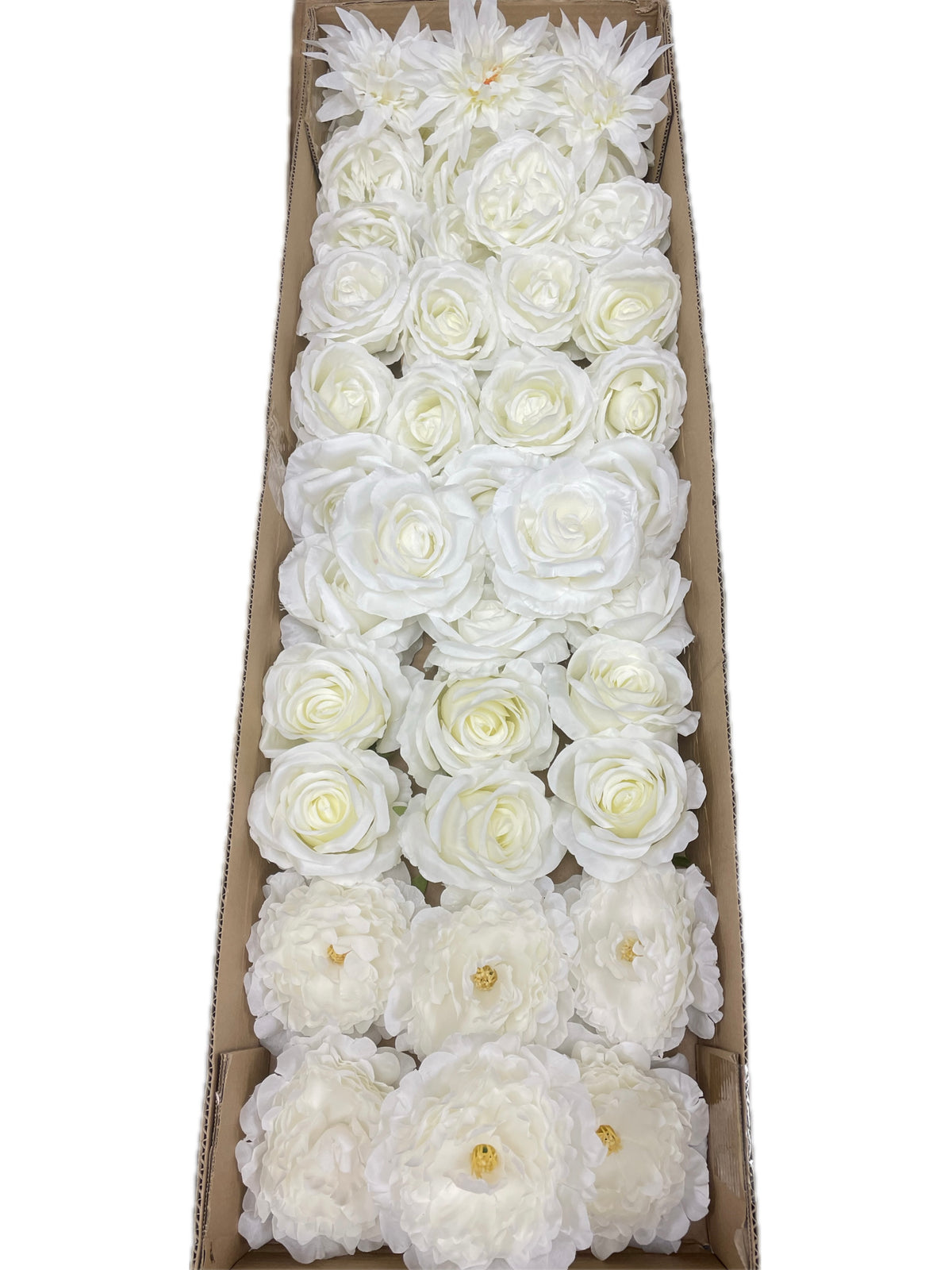 50/60 PCS All White Assorted Artificial Flower Heads (AW4), Peonies, Roses & Flame Chrysanthemums