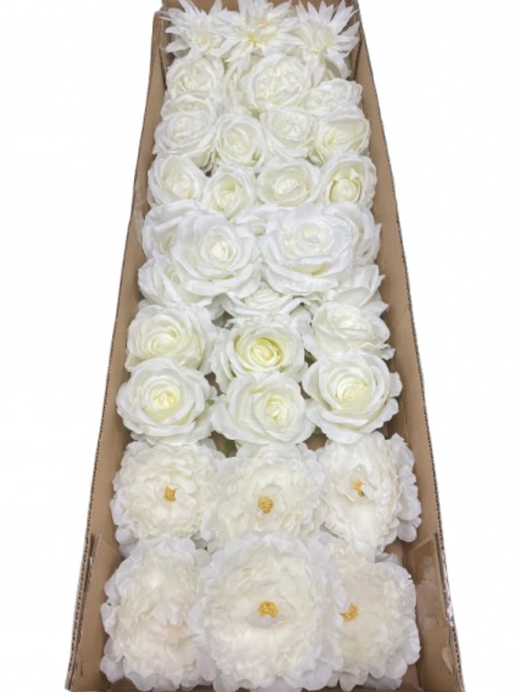 50/60 PCS All White Assorted Artificial Flower Heads (AW4), Peonies, Roses & Flame Chrysanthemums