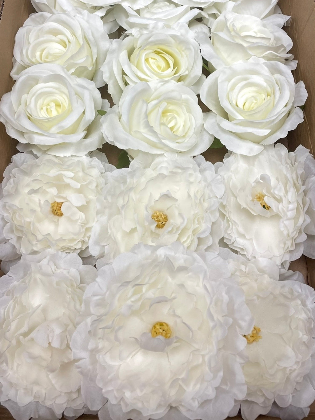 50/60 PCS All White Assorted Artificial Flower Heads (AW4), Peonies, Roses & Flame Chrysanthemums