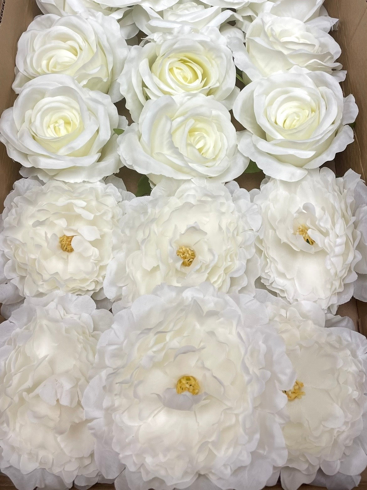 50/60 PCS All White Assorted Artificial Flower Heads (AW4), Peonies, Roses & Flame Chrysanthemums