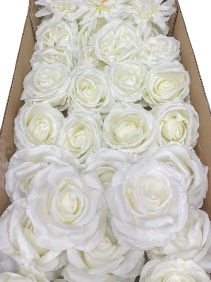 50/60 PCS All White Assorted Artificial Flower Heads (AW4), Peonies, Roses & Flame Chrysanthemums