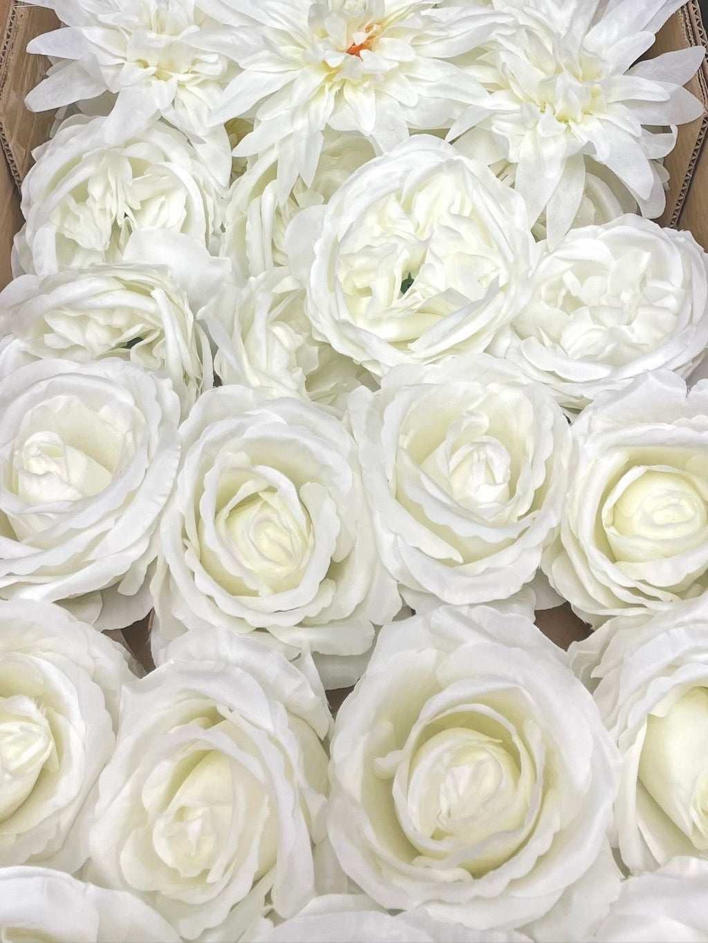 50/60 PCS All White Assorted Artificial Flower Heads (AW4), Peonies, Roses & Flame Chrysanthemums