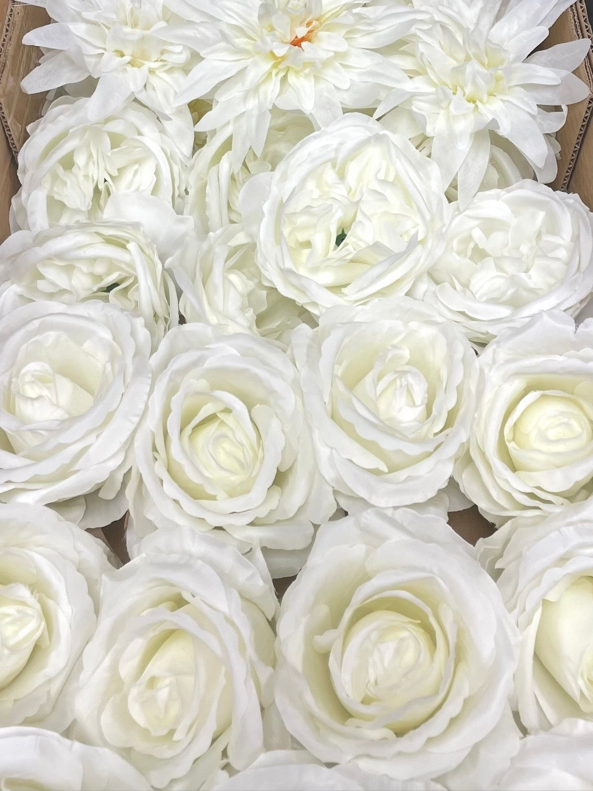 50/60 PCS All White Assorted Artificial Flower Heads (AW4), Peonies, Roses & Flame Chrysanthemums