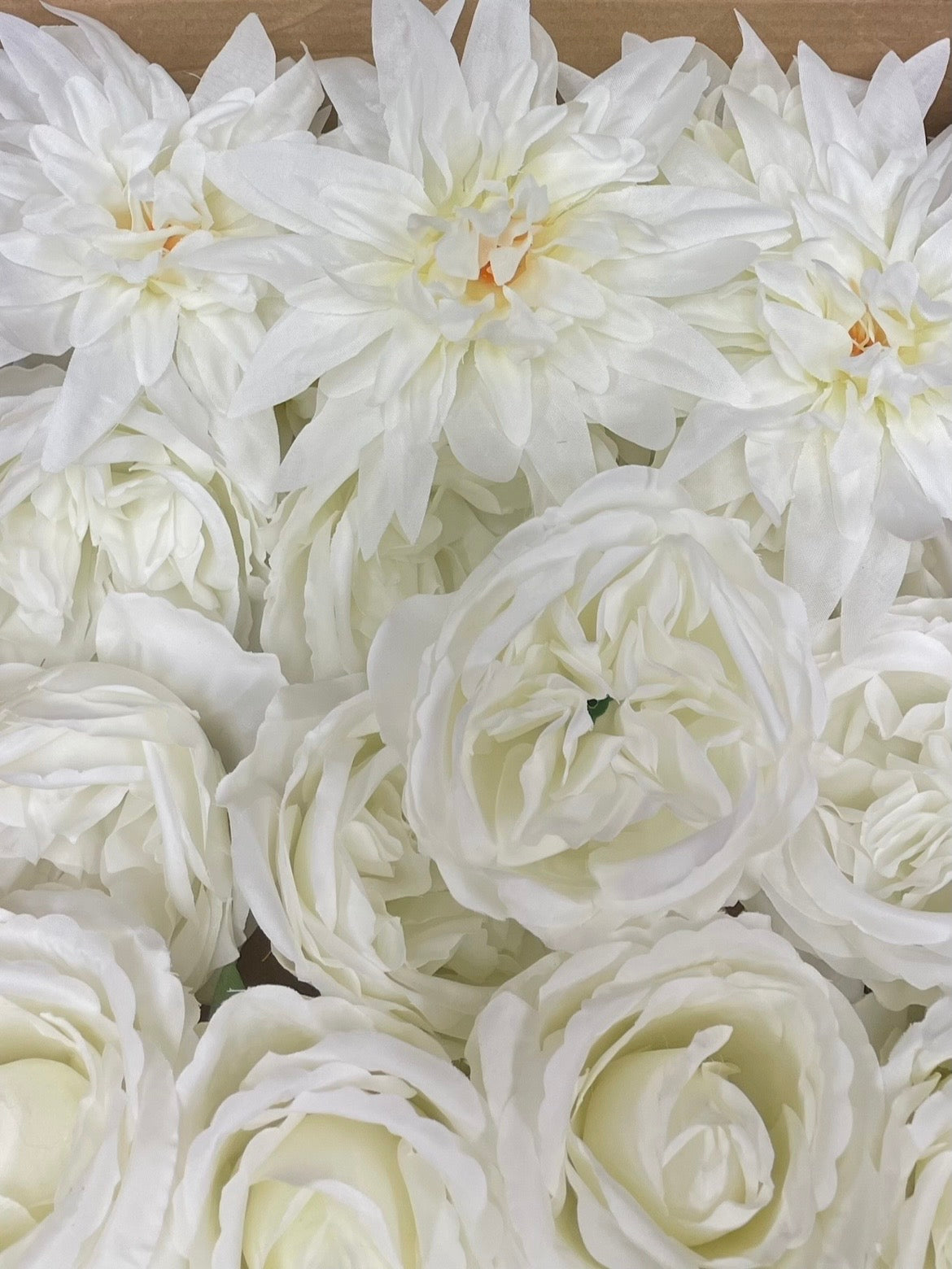 50/60 PCS All White Assorted Artificial Flower Heads (AW4), Peonies, Roses & Flame Chrysanthemums
