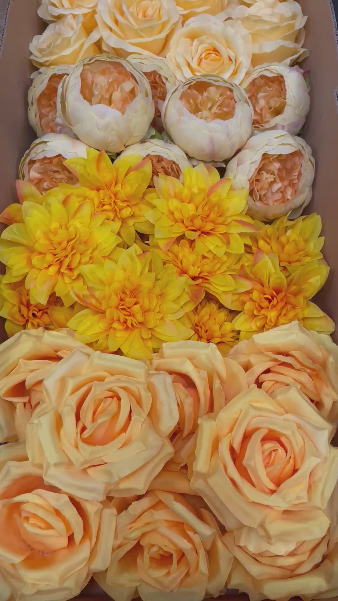 60 PCS All Yellow Assorted Artificial Flower Heads A – Roses, Peonies, Dahlias, Ping Pong Mums & Carnations