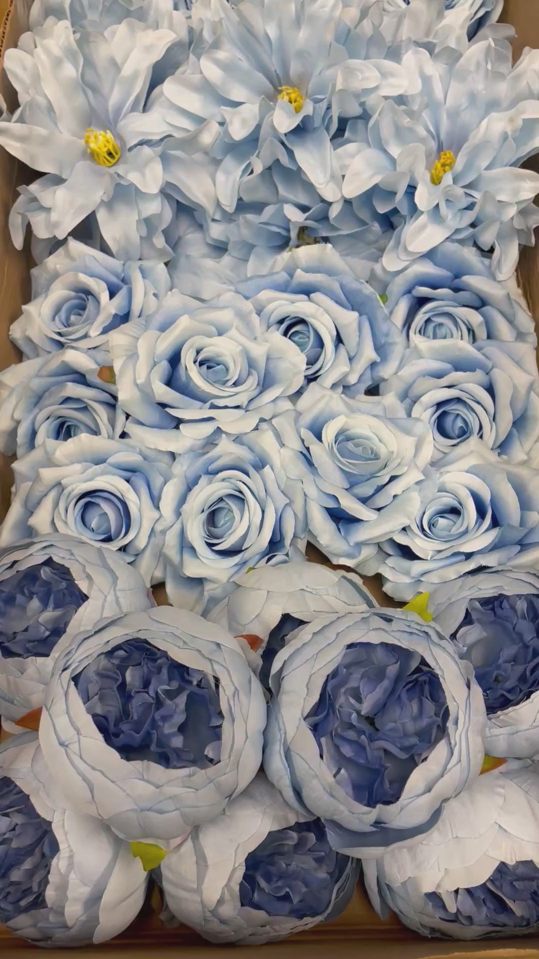 60 PCS All Light Blue Assorted Artificial Flower Heads A - Roses, Peonies, Orchid, Ping Pong Mum