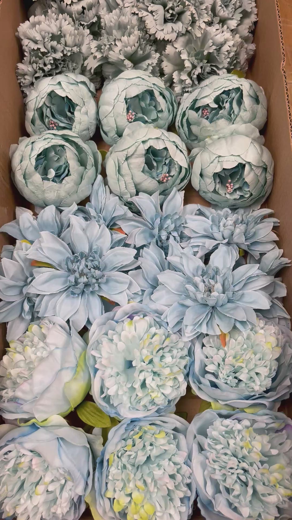 60 PCS All Light Blue Assorted Artificial Flower Heads D – Roses, Peonies, Carnations, Dahlia