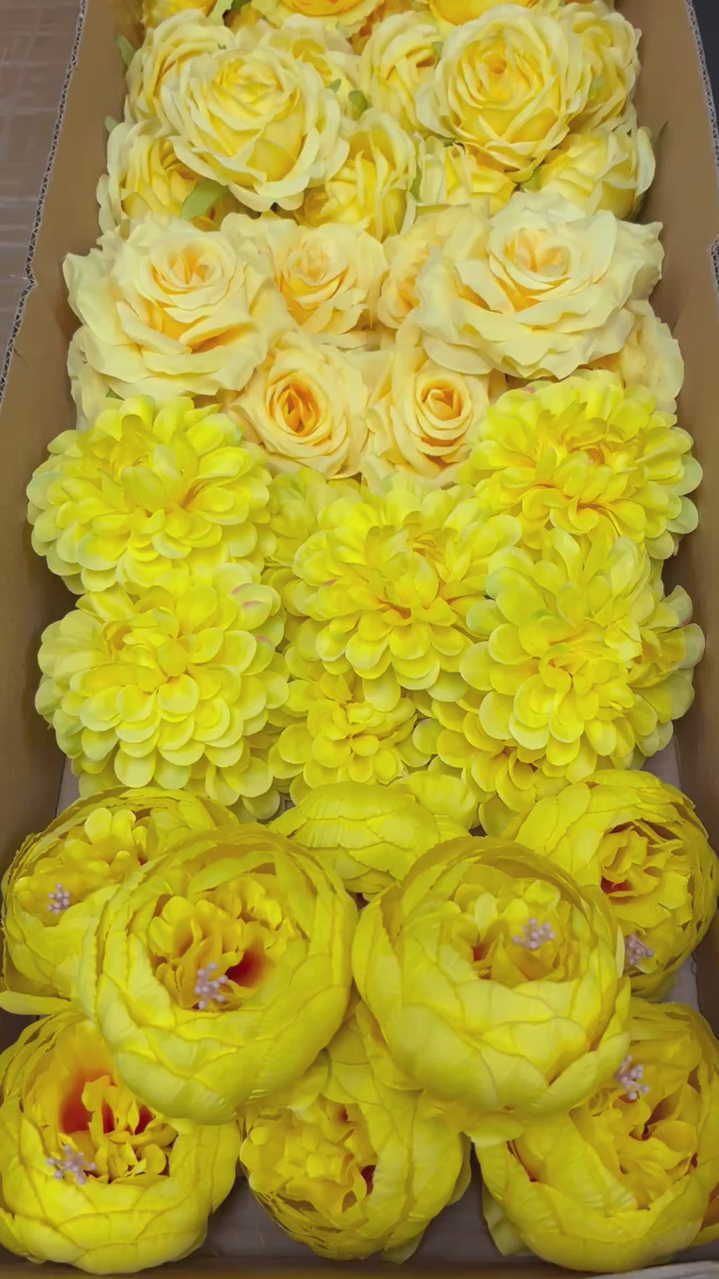 60 PCS All Yellow Assorted Artificial Flower Heads D – Roses, Peonies, Carnations, Ranunculus
