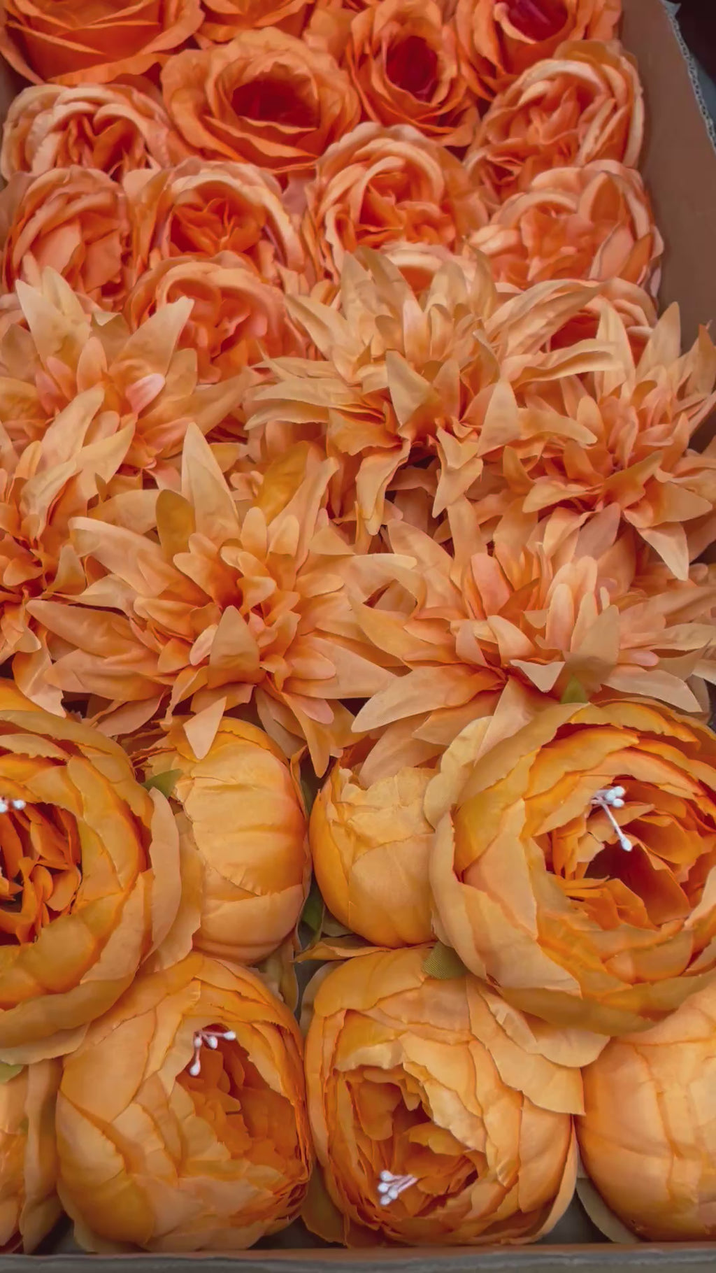 60/70 PCS All Orange Assorted Artificial Flower Heads B – Roses, Peonies, Dahlia, Ranunculus